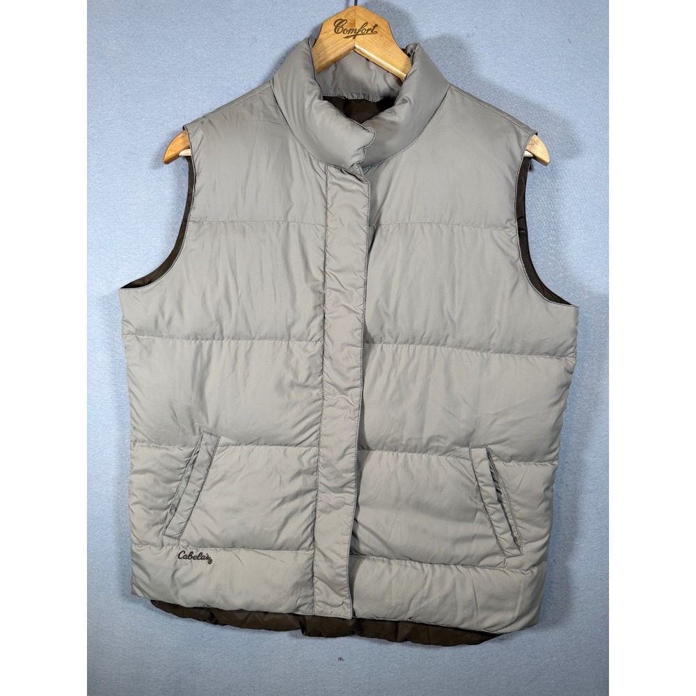 Cabelas Goose Down Puffer Vest Mens Medium Beige 550 Fill Padded Outdoor Snap
